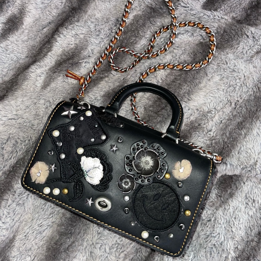 Coach genuine glove-tanned leather crossbody bag. Embellished.